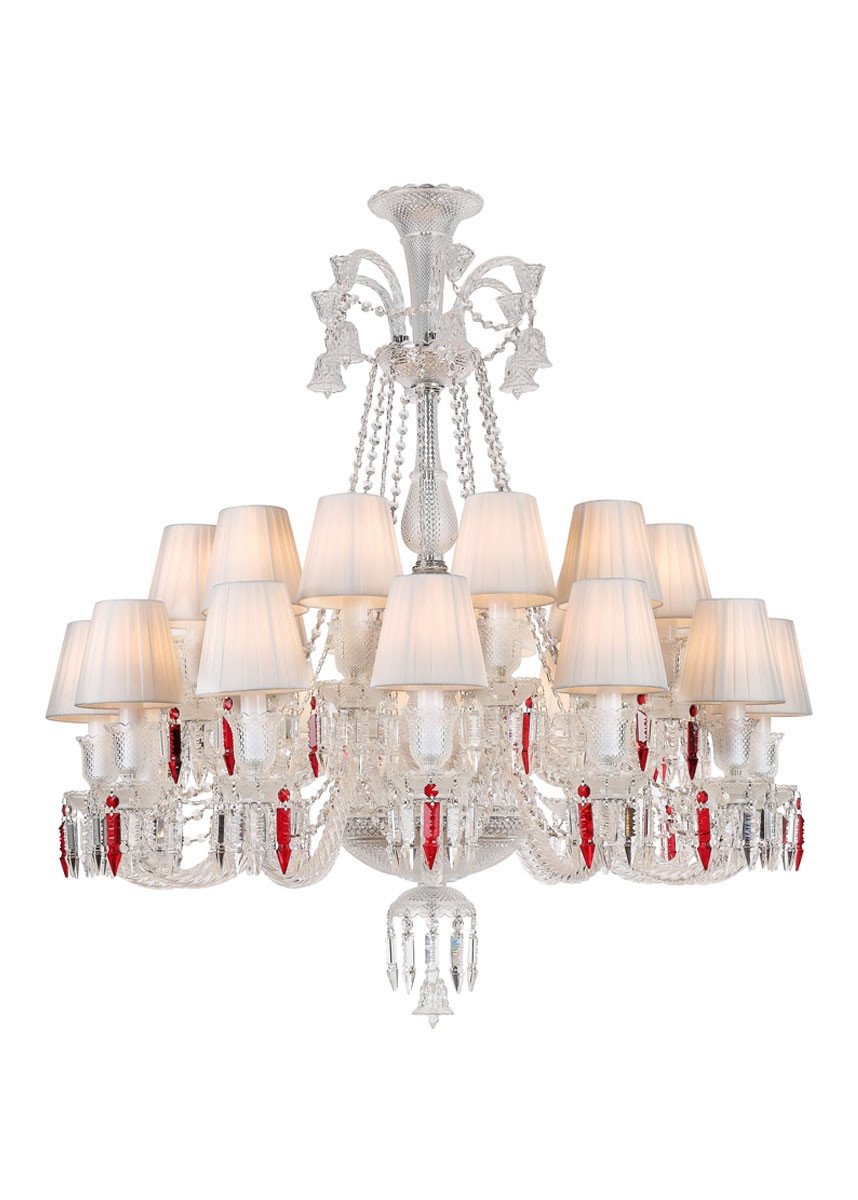 Lustre de Cristal Transparente e em Vermelho Baccarat 24 Cúpulas Branca