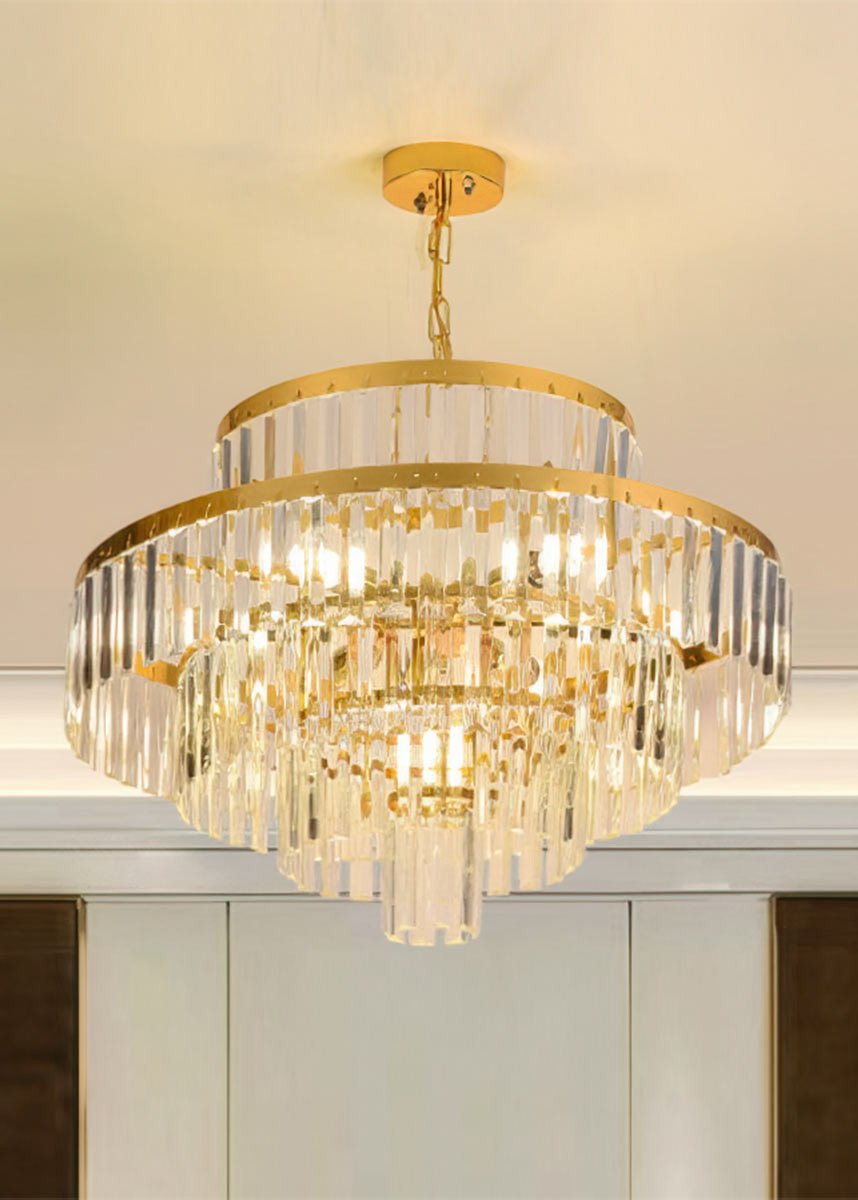 Lustre Pendente Redondo Moderno Dourado com cristais para 10 Lâmpadas MO