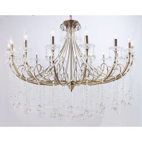 Lustre Bourbon Metal Ouro Velho com Cristais Transparentes 24 Braços -Tupiara