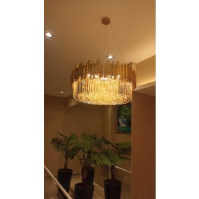 Lustre Pendente Moderno Redondo Dourado Cristal 8 Lâmpadas 