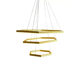 Lustre Pendente Hexagno 3 Aneis Moderno Dourado em LED 3000k HE